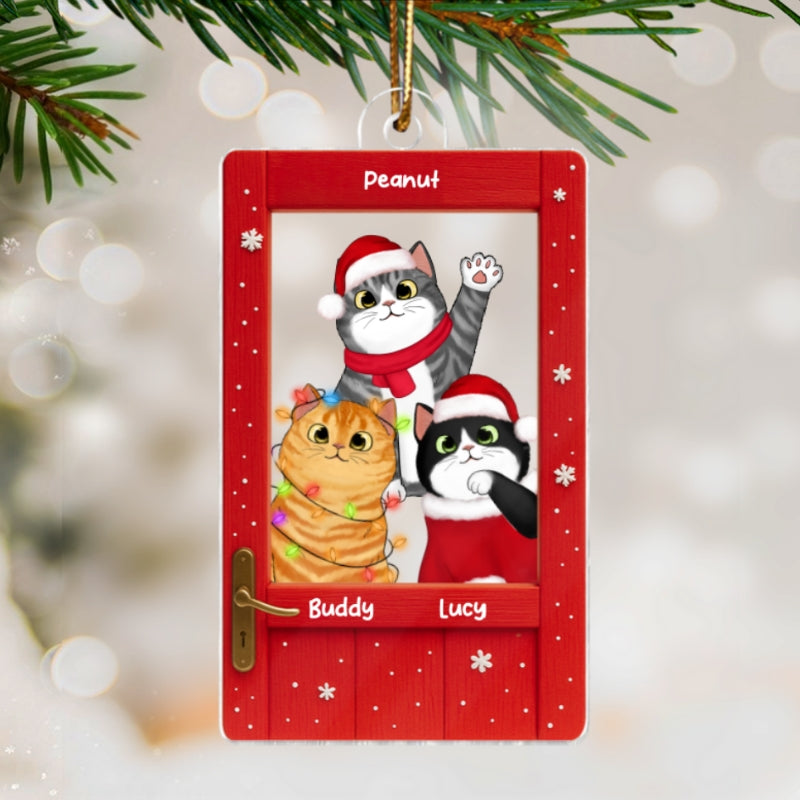 Cute Cats Peeking on the Front Door Personalized Acrylic Ornament, Christmas Gift for Cat Lovers