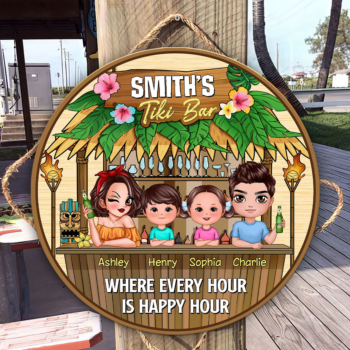 Welcome To Our Tiki Bar Family Couple Personalized Wood Door Hanger Sign