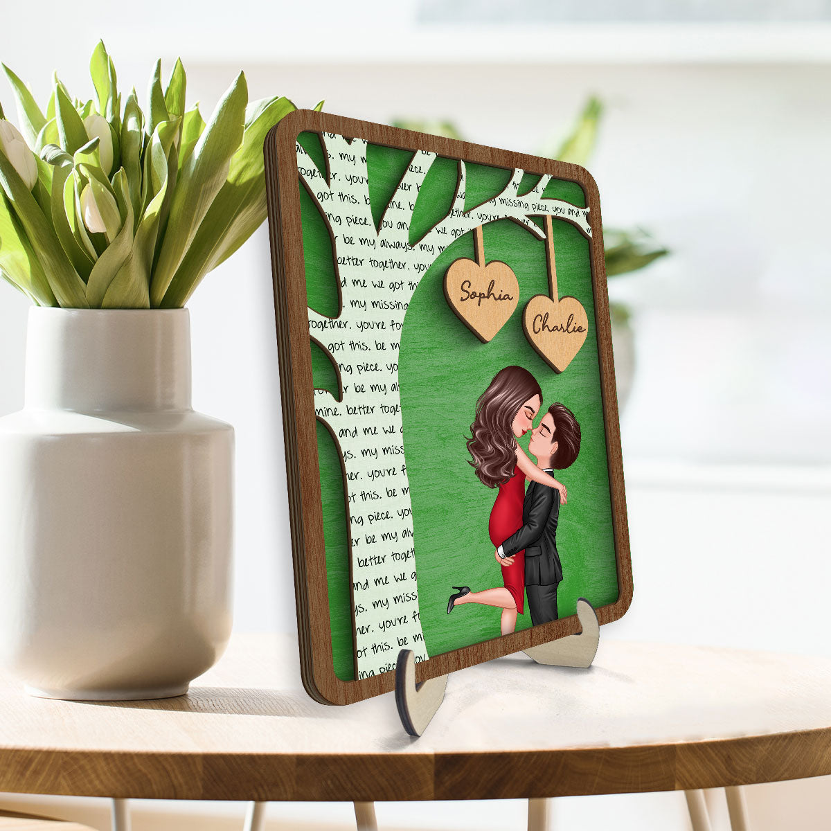 Couple Hugging Kissing Under Text Tree Personalized 2-layer Wooden Plaque,  Gift For Him, For Her