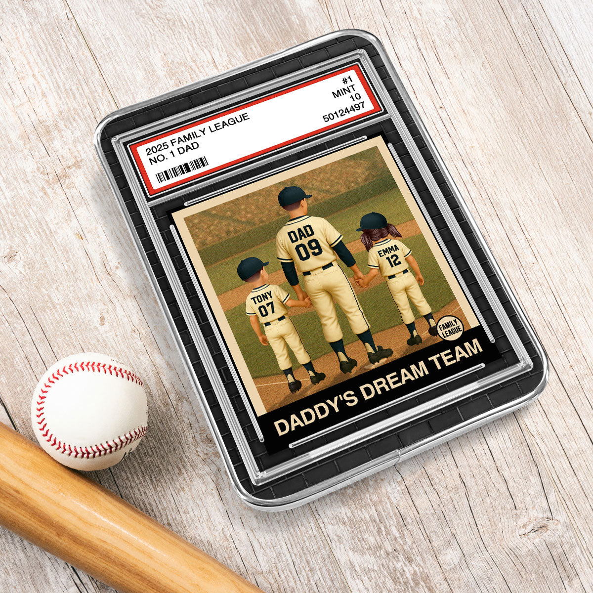 Baseball No. 1 Dad Man & Kids Trading Card Style Personalized Mirrored Picture Frame