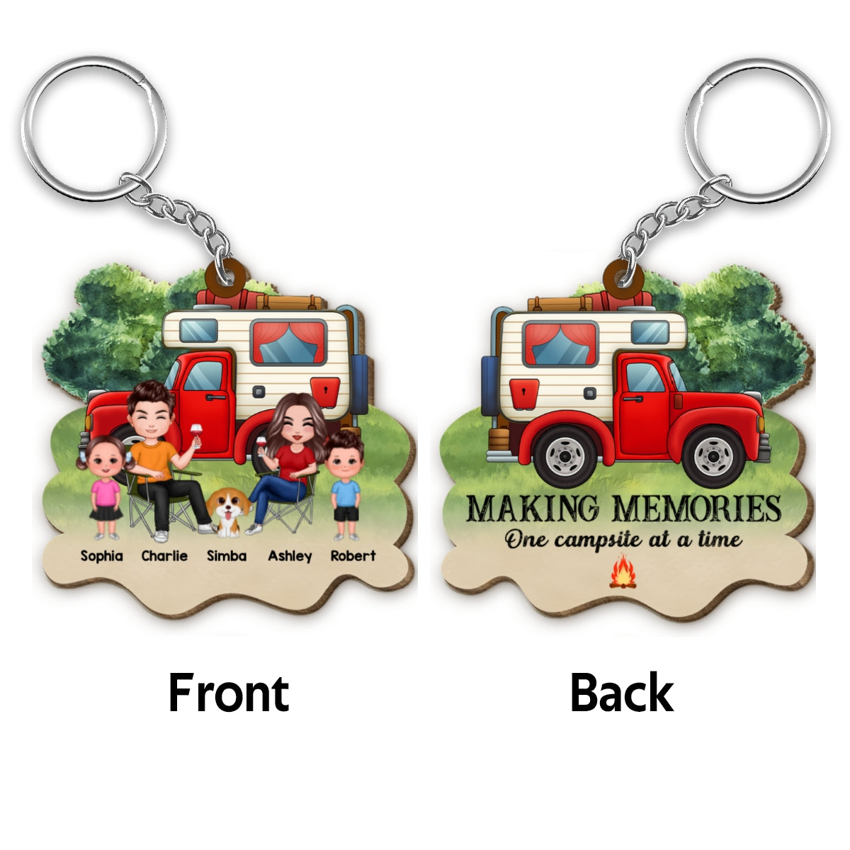 Camping Family Dogs Cats Personalized Wooden Keychain