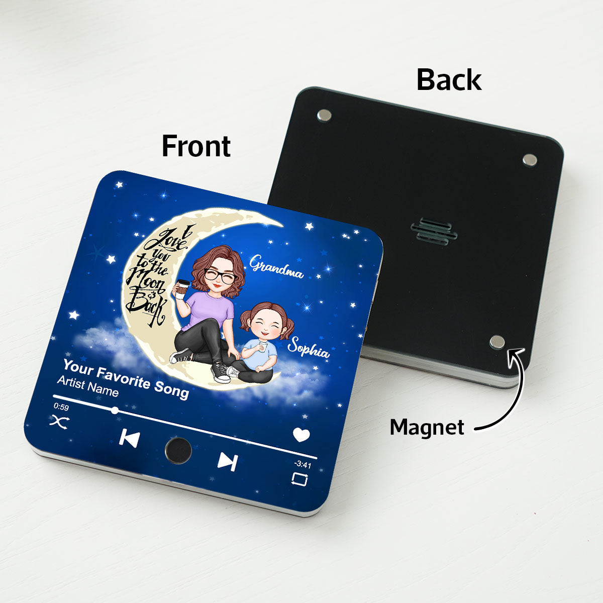 Cute Grandma & Grandkid I Love You To The Moon And Back Personalized Music Fridge Magnet
