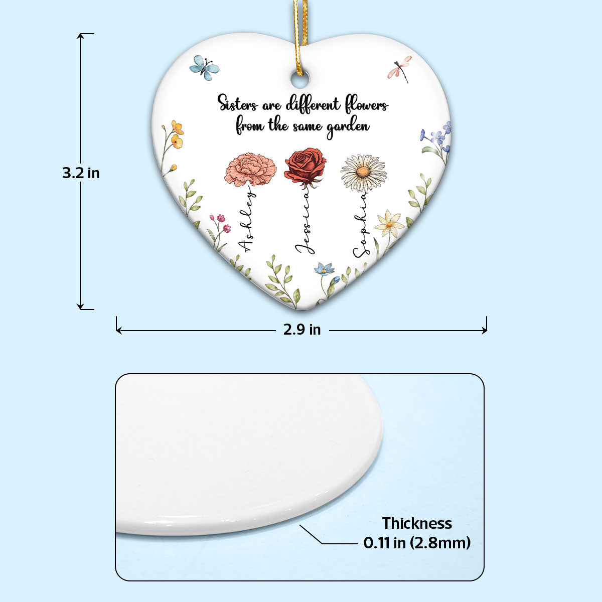 Sisters Are Different Flowers From The Same Garden Personalized Heart Ceramic Ornament, Birthday, Christmas Gift For Sisters, Siblings, Besties