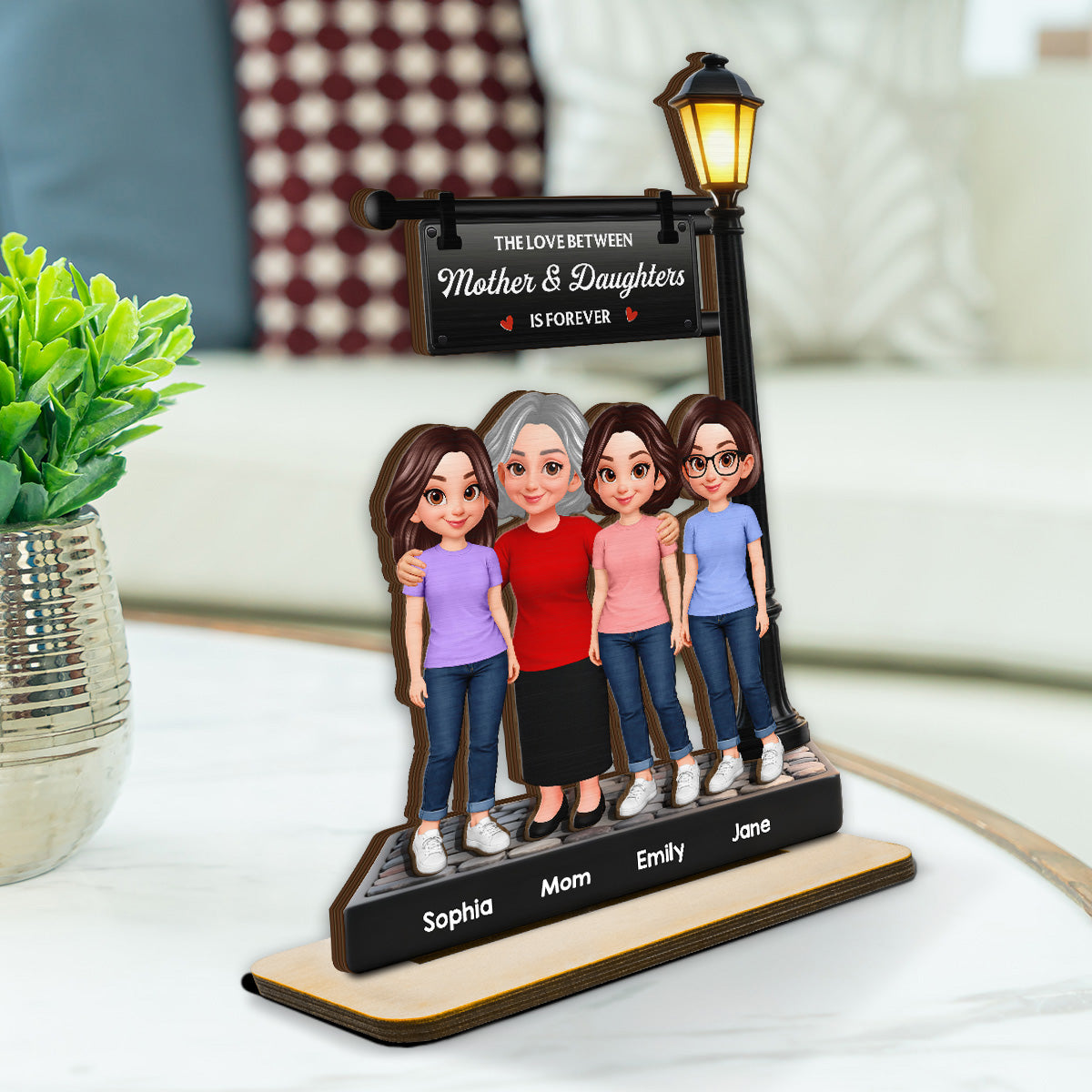 Mother And Daughter Son Happy Together Under Lamp Post - Personalized 2-Layered Wooden Plaque - Mother's Day Gift For Mom