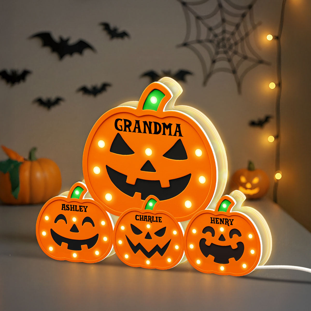 Jack O Lantern Grandma Grandkids Pumpkin Marquee Effect Personalized Light Box, Halloween Decor
