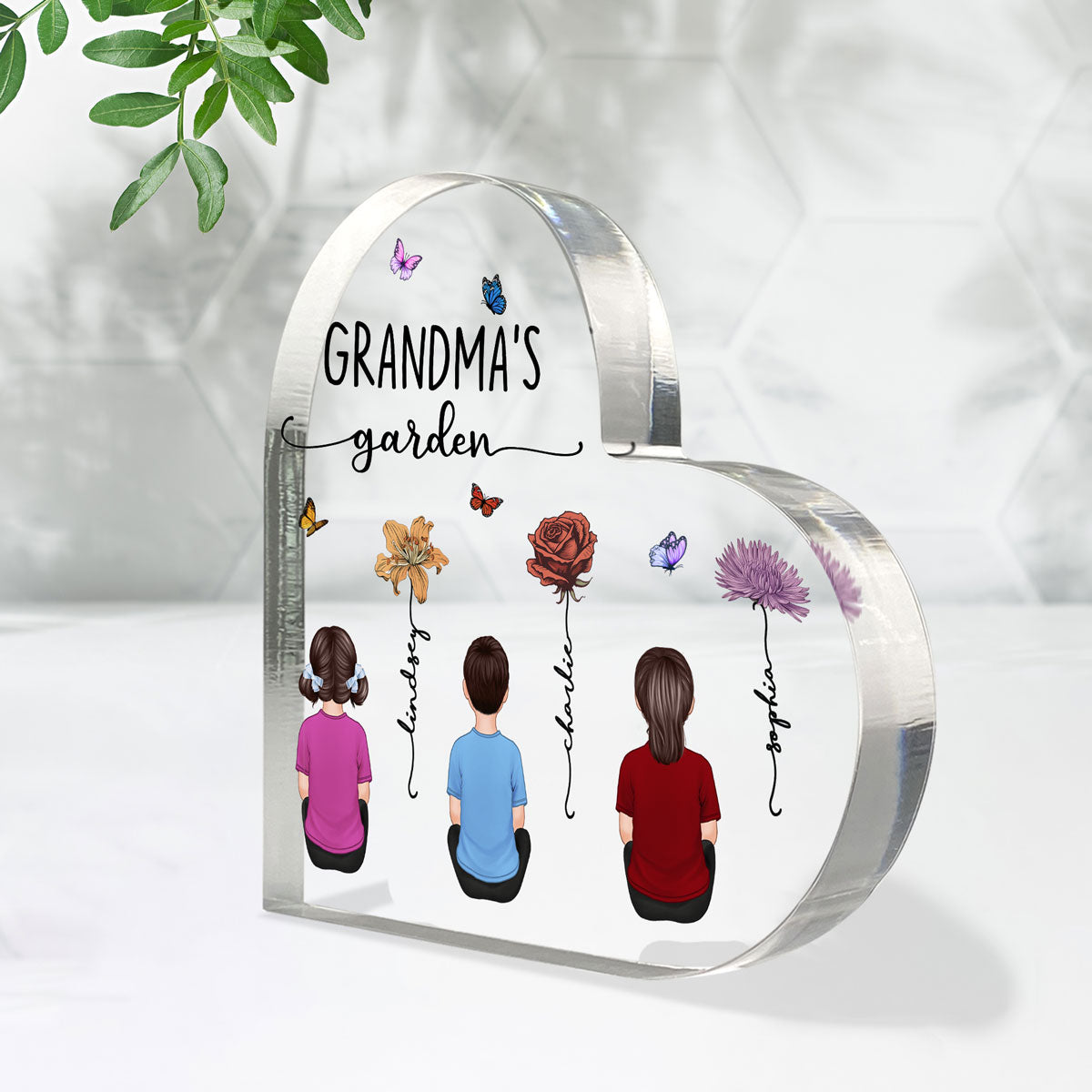Grandkids Sitting Grandma Garden Vintage Birth Month Flowers Mother‘s Day Gift Personalized Heart Acrylic Block