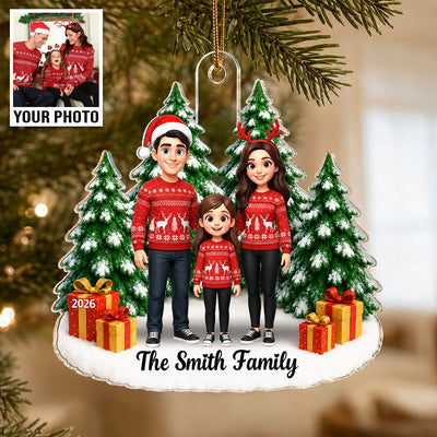 Cartoon Family Portrait From Photo Christmas Tree - Personalized Acrylic Ornament - Christmas Keepsake