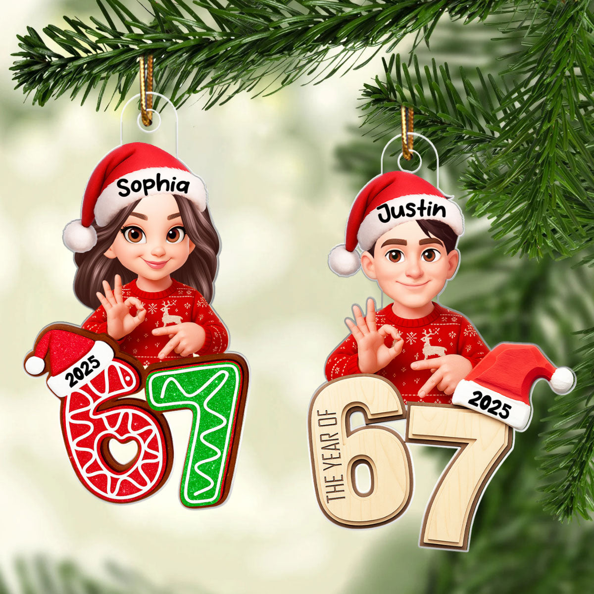 Christmas Pattern Custom Six Seven 67 - Personalized Acrylic Ornament - Teen Slang Funny Tree Decor, Funny Teen Grandkid Gift