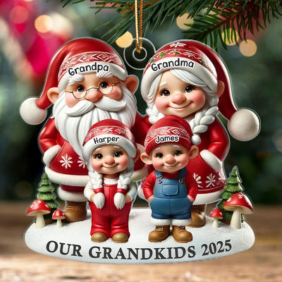 3D Effect Gnome Grandma Grandpa And Grandkids - Personalized Acrylic Ornament - Heartfelt Gift For Grandparents, Grandkids