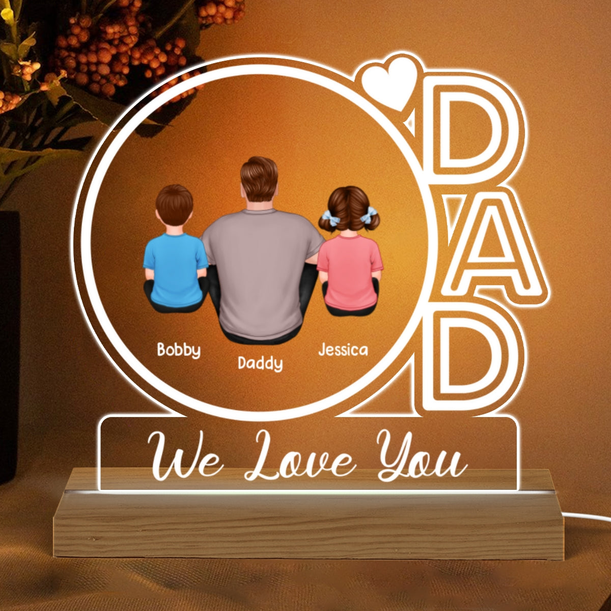 Dad We Love You Back View Sitting Dad & Kids Personalized Custom Shape Acrylic Plaque With Warm LED Night Light