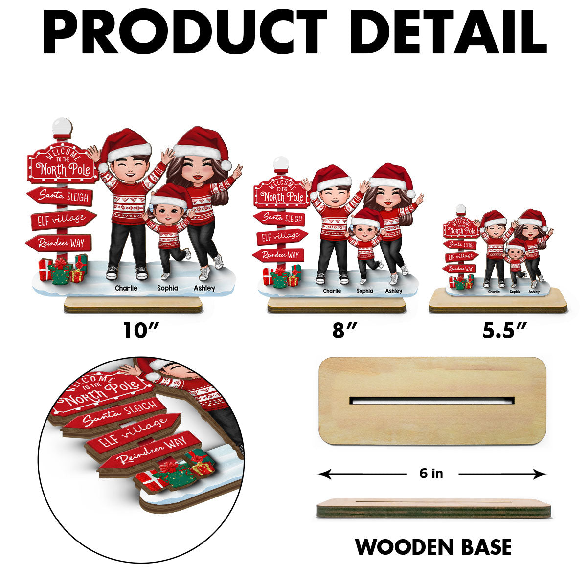 Happy Family With Christmas North Pole Sign Personalized 2-Layer Standing Wooden Plaque, Christmas Decoration