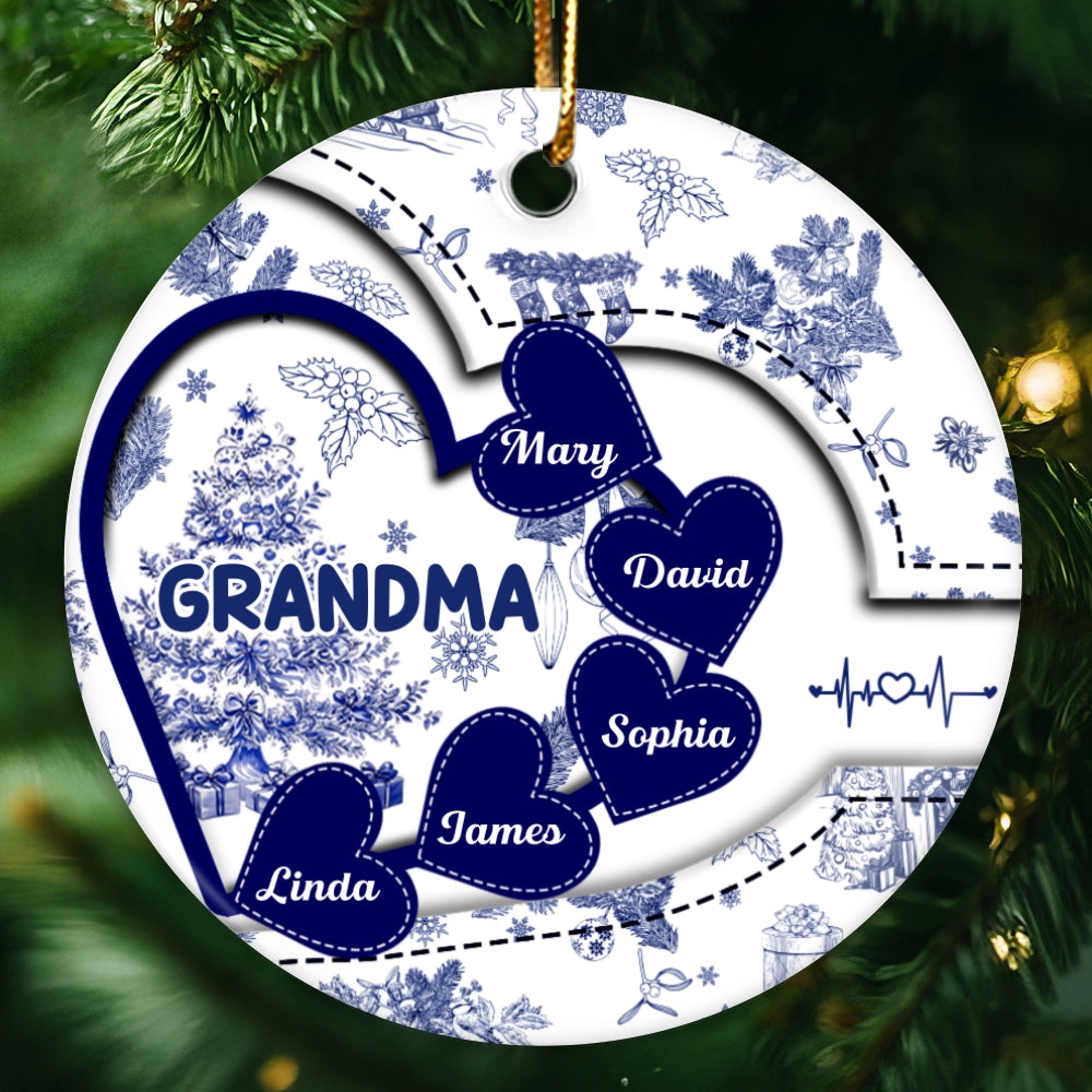 Grandma With Hearts Grandkids' Names Toile De Jouy Style Personalized Circle Ornament
