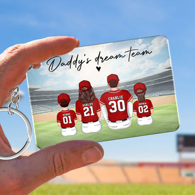 Daddy's Team Baseball Family Sitting Personalized Acrylic Keychain, Father's Day Gift For Dad, Grandpa, Husband