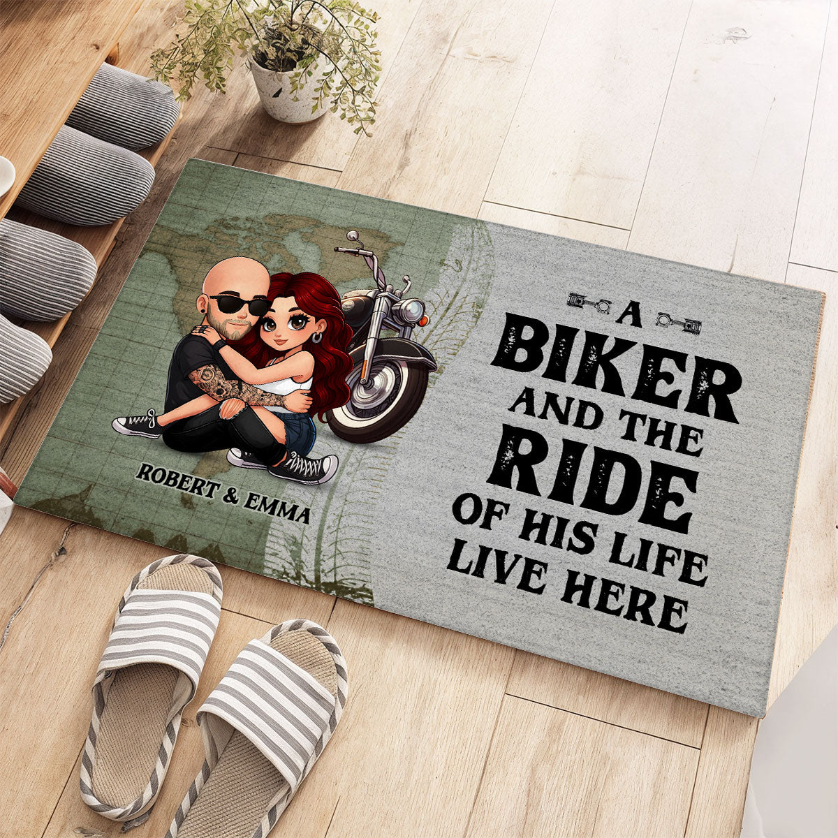 An Old Biker and the Ride of His Life Live Here Personalized Doormat, Custom Motorcycle Gift for Couples