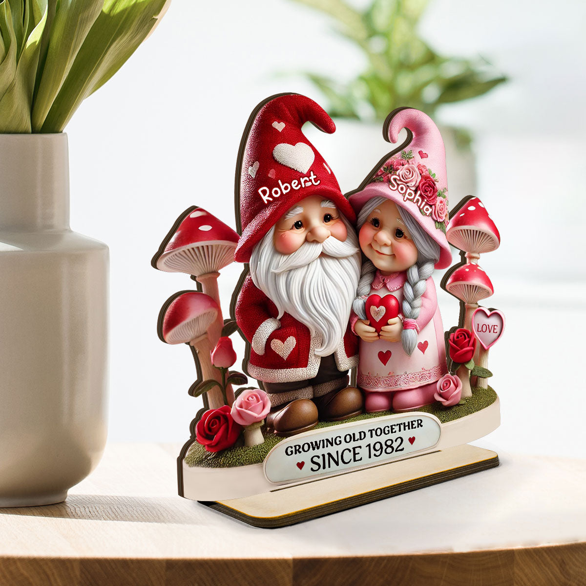 3D Effect Gnome Mushroom Old Couple Personalized Wooden Standing, Heartfelt Anniversary Gift,  Gift For Couple, For Him, For Her, Husband, Wife