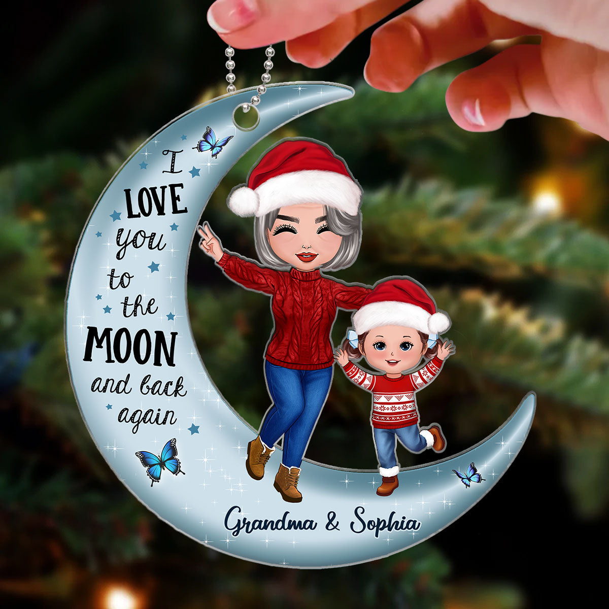 Happy Doll Grandma & Grandkid On Moon Personalized Acrylic Ornament