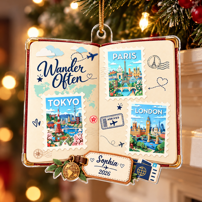Travel Scrapbook Journal Stamps 2D Flat Printed - Personalized Acrylic Ornament - Traveling Destination Keepsake, Christmas Gift For Traveling Lovers