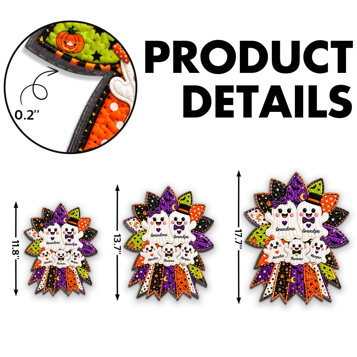 Quilted Effect Wreath Ghost Family 2D Flat - Personalized Wooden Sign - Halloween Decor for Grandma & Grandpa