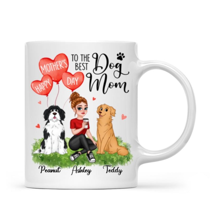 Happy Mother‘s Day Dog Mom Pretty Cartoon Woman Sitting Dogs Hearts Personalized Mug