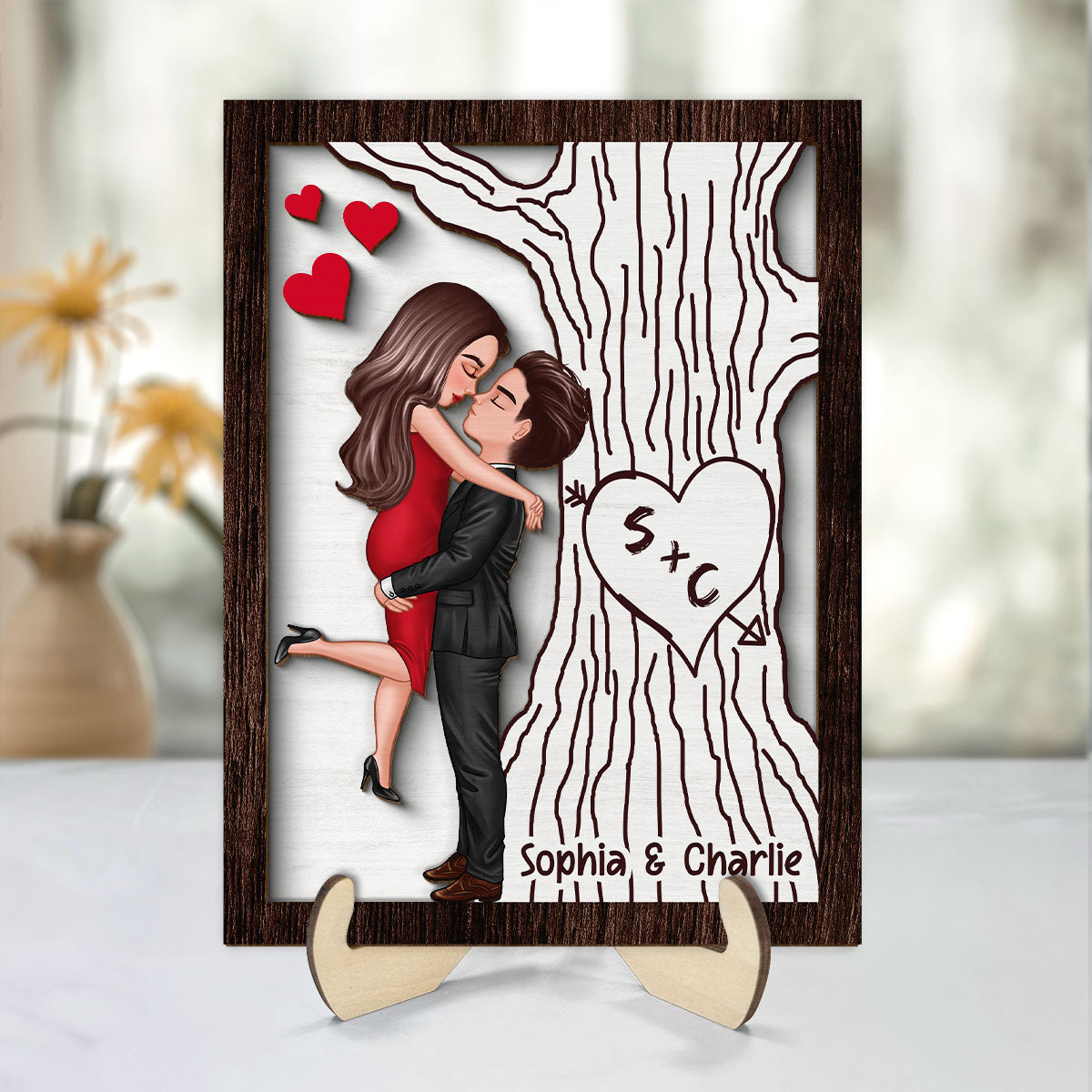 Heart Carved Tree Couple Initials Valentine‘s Day Gift For Her Gift For Him Personalized 2-Layer Wooden Plaque