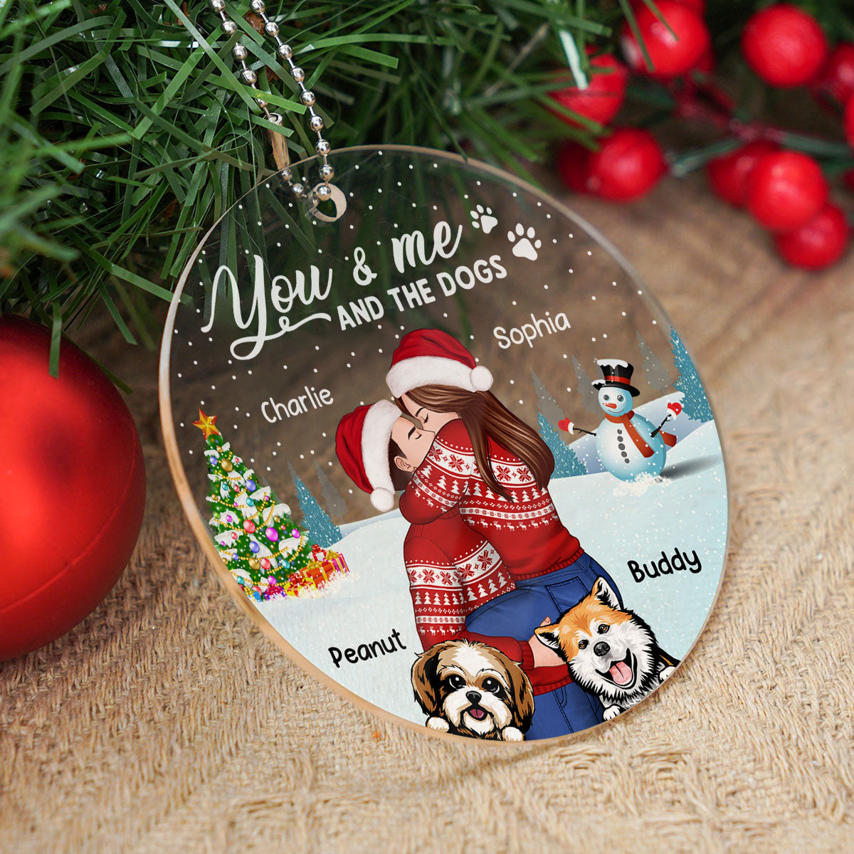 Couple And The Dogs In Winter Night Personalized Acrylic Ornament, Christmas Gift For Him, For Her, Gift For Pet Lovers