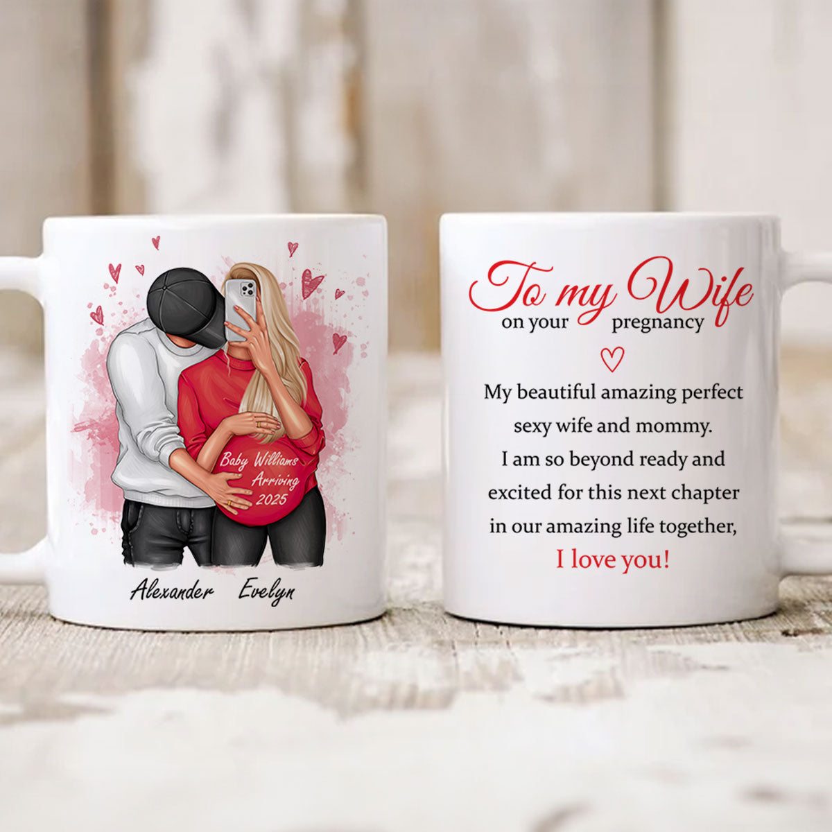 Personalized  Pregnant Wife Mug, Hugging Couple, Expecting From Husband Gift, Mom To Be Vday Gift, Romantic Pregnancy Gift