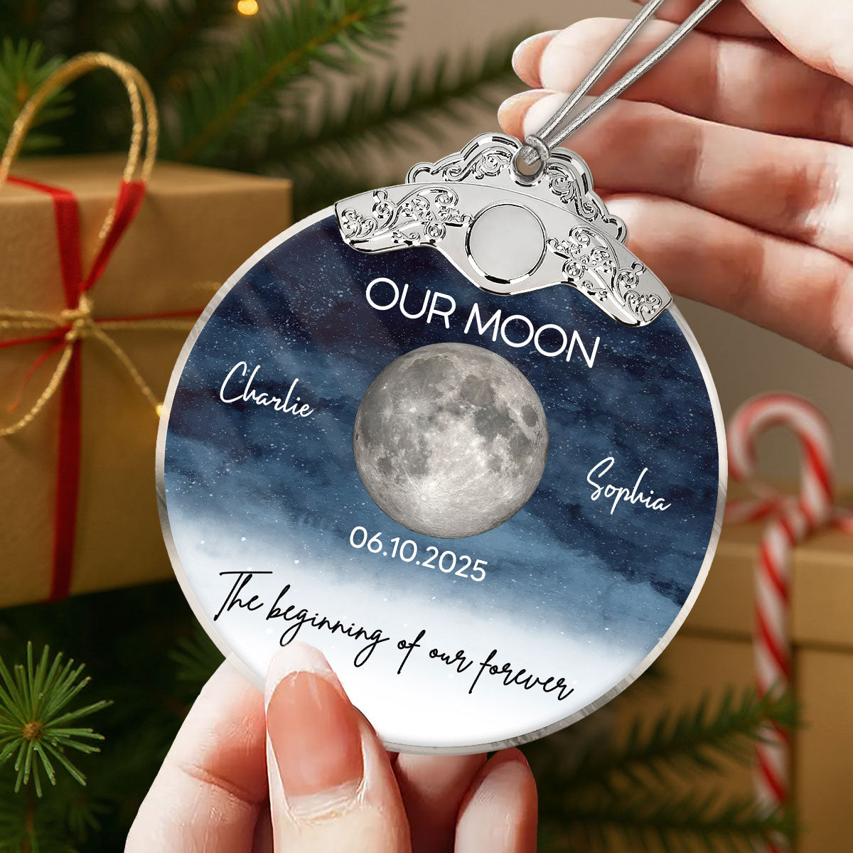 Starry Night Moon Phase Couple The Beginning Of Our Forever - Personalized Glass Ornament With Silver Cap
