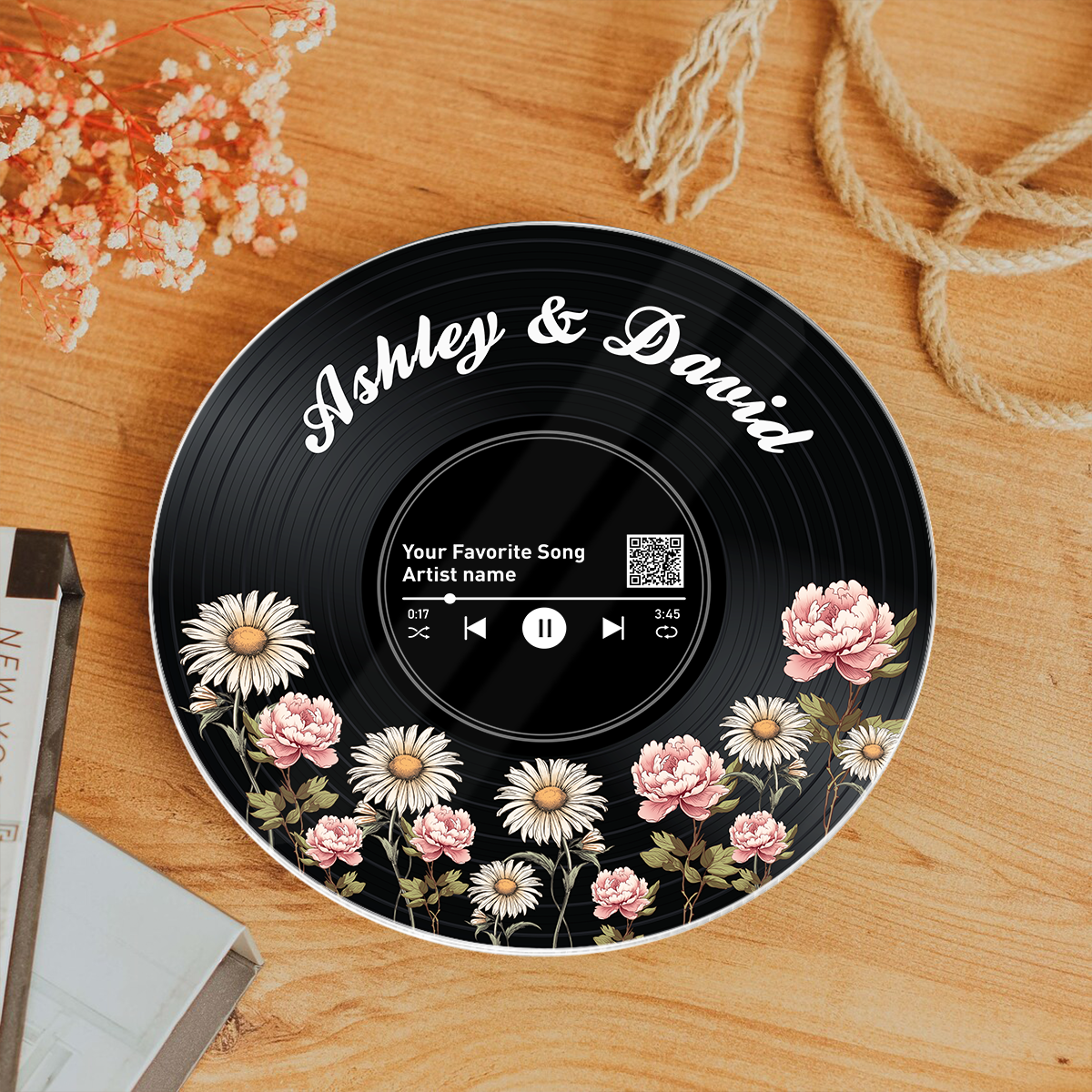 Couple Birth Month Flower Custom Vinyl Record Acrylic Song Plaque, Scannable QR Code, Personalized Valentine's Day, Birthday, Anniversary Gift for her and for him