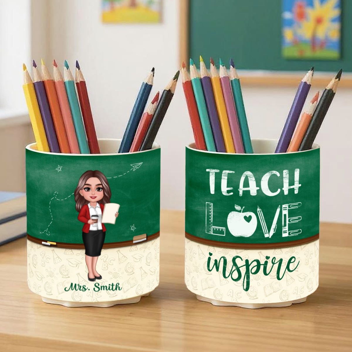 Green Board Teach Love Inspire Personalized Rotating Pen Holder, Teacher Appreciation Gift, Back To School Gift