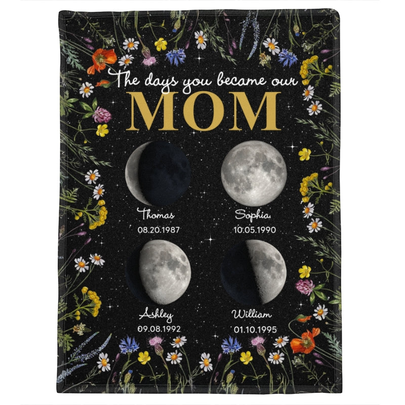 The Day You Became Mom Grandma Custom Birth Moon Phase Floral Personalized Fleece Blanket, Gift