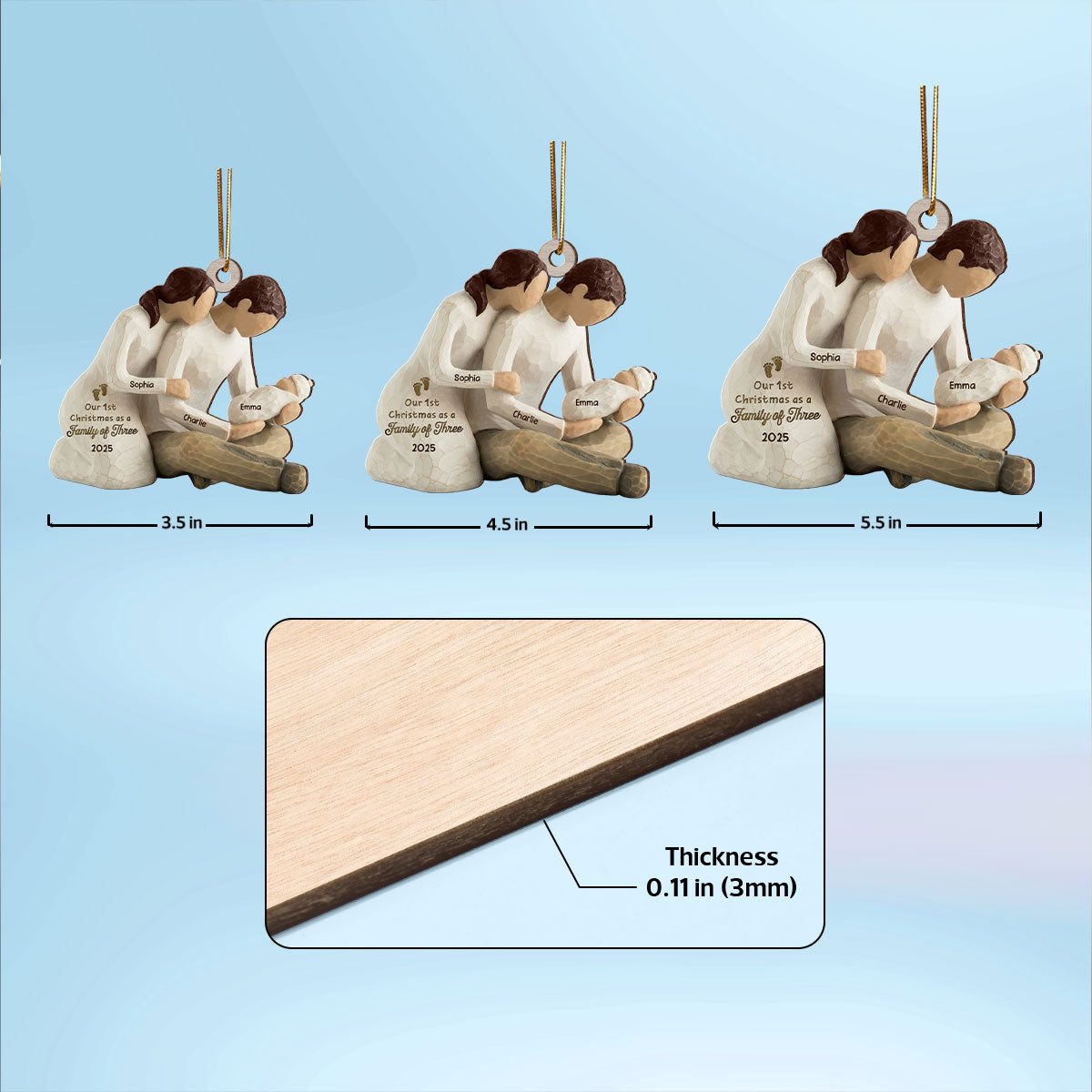 3D Effect First Christmas As Family Of Three Mom Dad Holding Baby - Personalized Wooden Ornament
