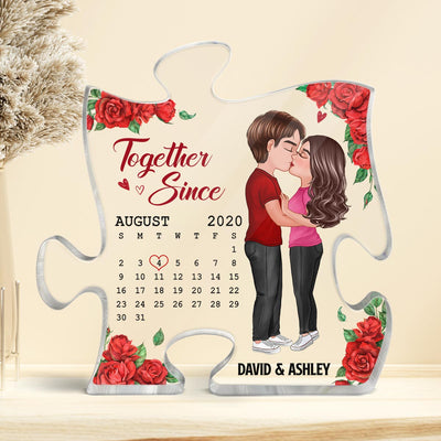 Rose Pattern You Are My Missing Piece Doll Couple Kissing Gift Calendar Anniversary Date Gift For Him For Her Personalized Puzzle Acrylic Plaque