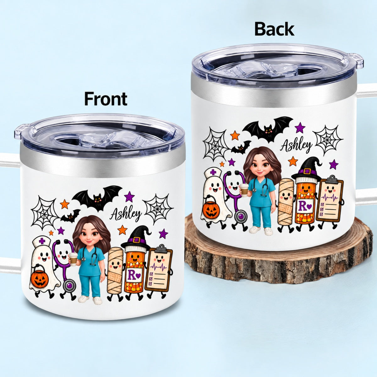 Halloween Cute Nurse Things - Personalized Stainless Steel Tumbler With Handle - Halloween Tumbler For Nurse