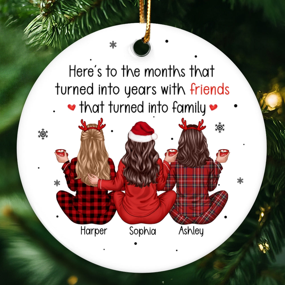 Back View Pajamas Besties Months Turned to Years, Friends Turned to Family Personalized Ceramic Ornament, Christmas Gift For Besties, Best Friends, BFF