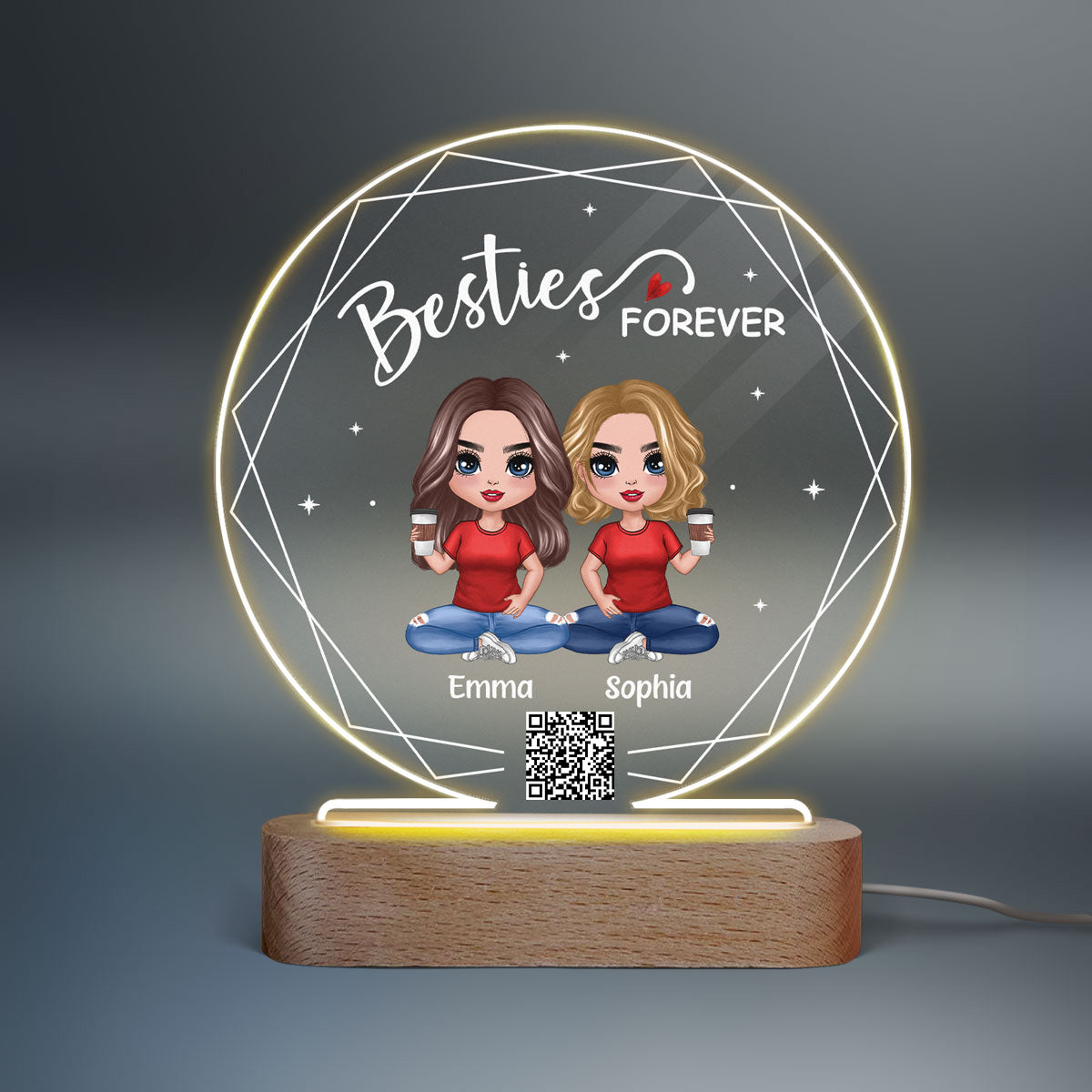 Hexagon Frame Doll Besties Sitting Personalized Circle Acrylic Plaque LED Night Light