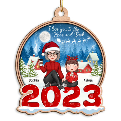 Cute Grandma Grandkids Sitting On Snow 2023 Christmas Sleigh Personalized Wooden Ornament
