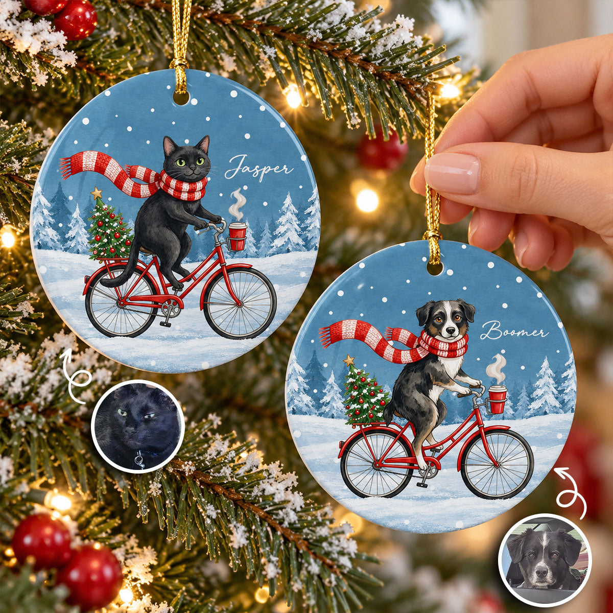 Cute Dog Cat Riding Bike In Snow Winter From Photo Uploaded - Personalized Ceramic Ornament - Christmas Gift For Dog Lovers, Pet Lovers