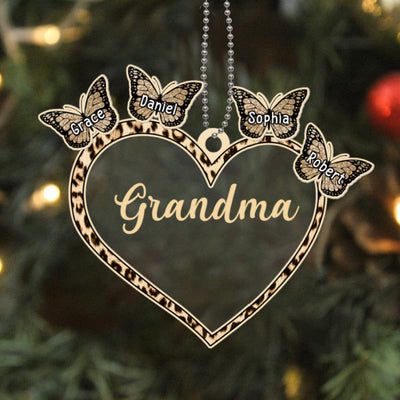 Grandma Heart Butterflies Grandkids Personalized Christmas Acrylic Ornament