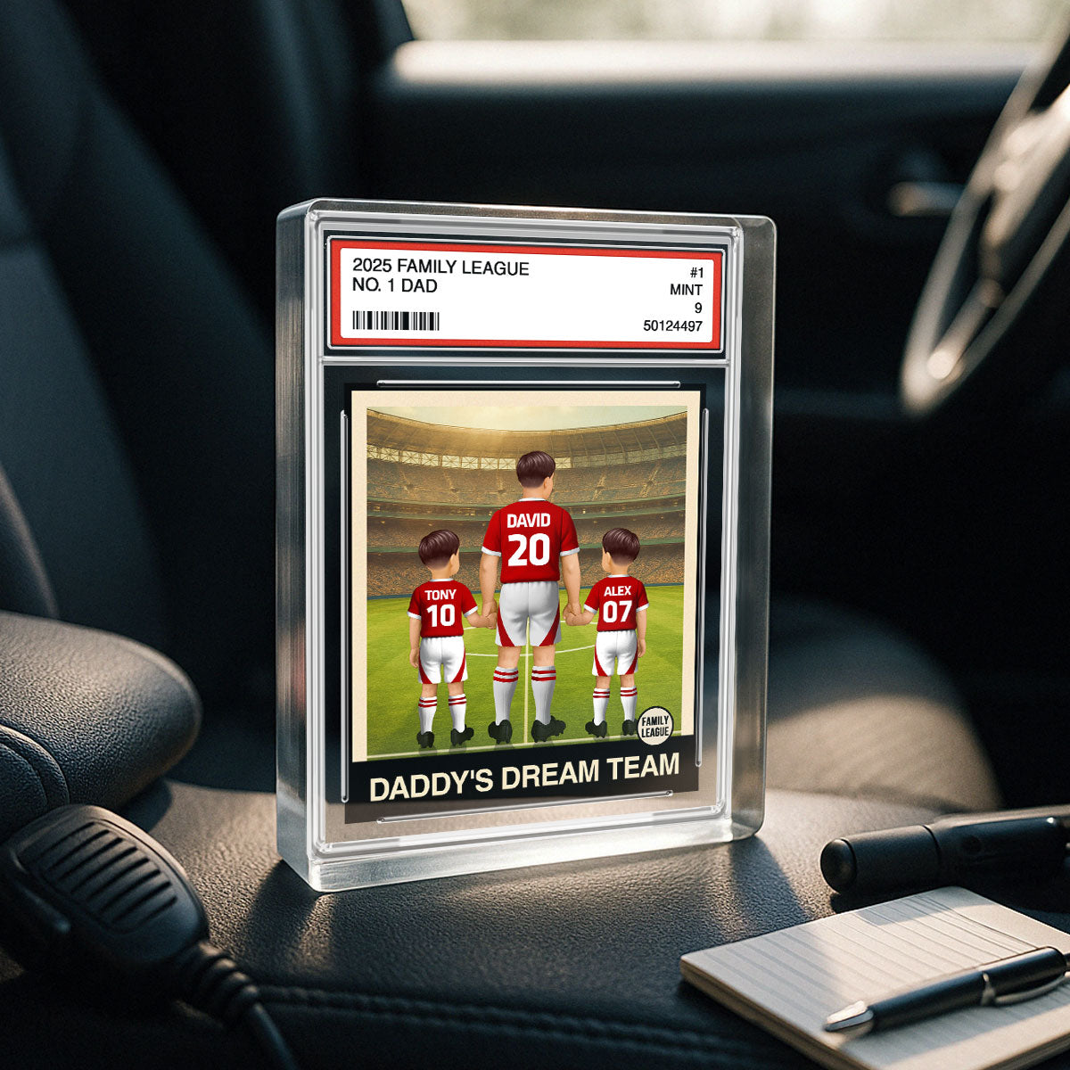 UK AU Football Daddy's Dream Team No. 1 Dad Man & Kids Trading Card Style Personalized Acrylic Block Plaque