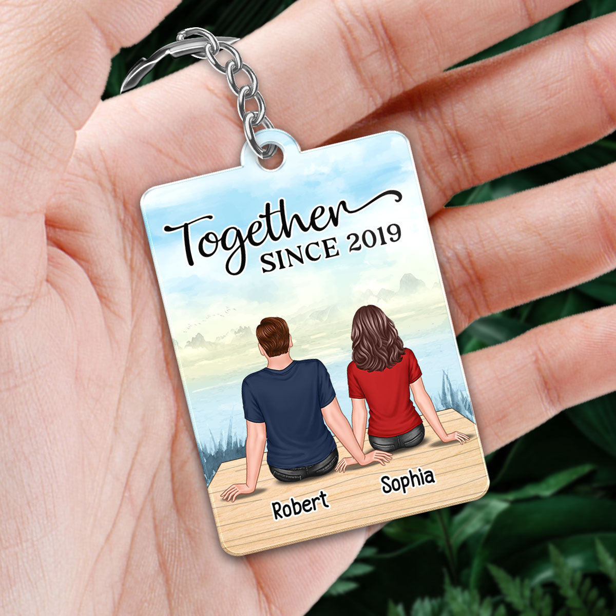 Couple Back View Sitting At Lake Favorite Song Scannable QR Code Personalized Acrylic Keychain