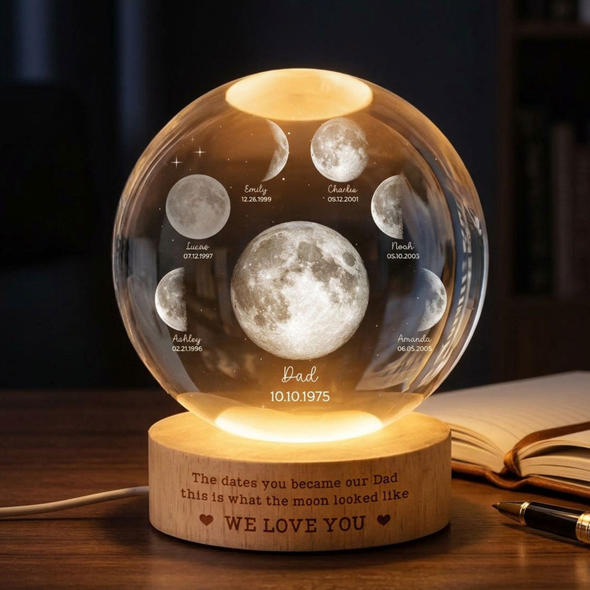 The Date You Became Our Dad - Personalized Crystal Ball LED Night Light - Custom Moon Phase by Date, Father's Day Gift for Dad, Husband