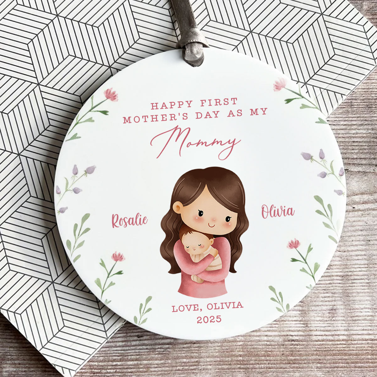 Watercolor Cute Mom Grandma Baby Happy First Mother's Day Personalized Circle Ceramic Ornament