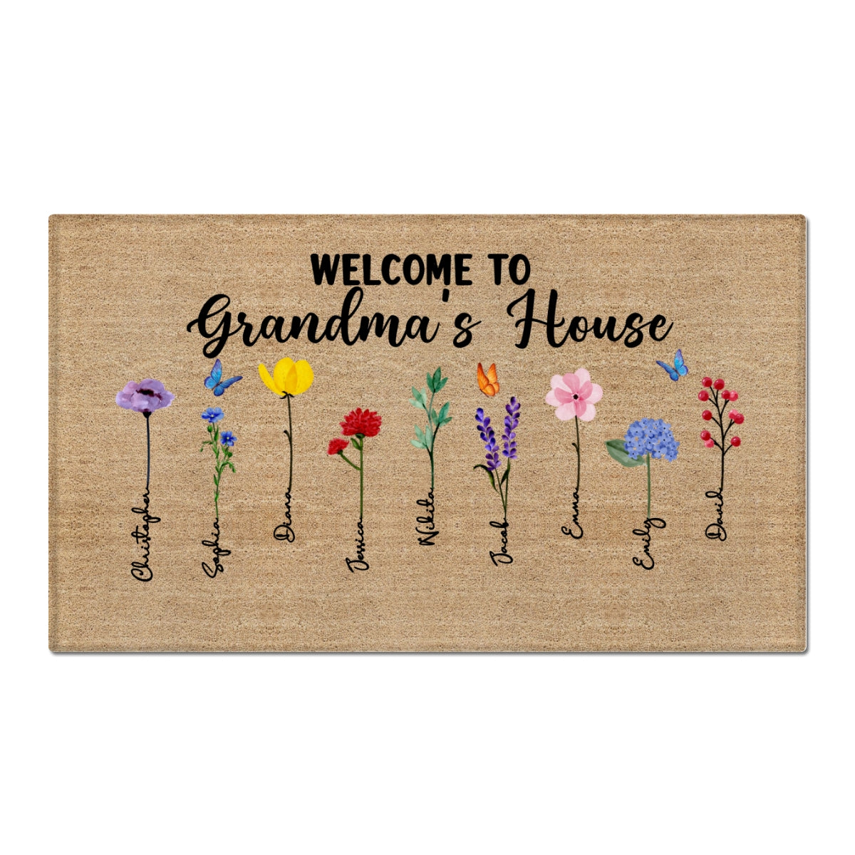 Welcome To Grandma Nana House Watercolor Birth Flowers Personalized Doormat