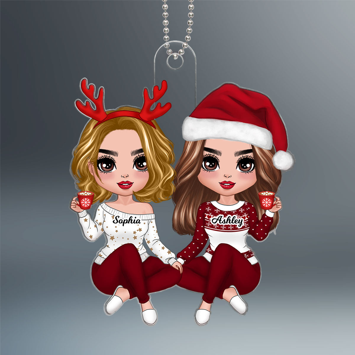 Red Clothes Doll Besties Sisters Sitting Christmas Gift For Best Friends Personalized Acrylic Ornament