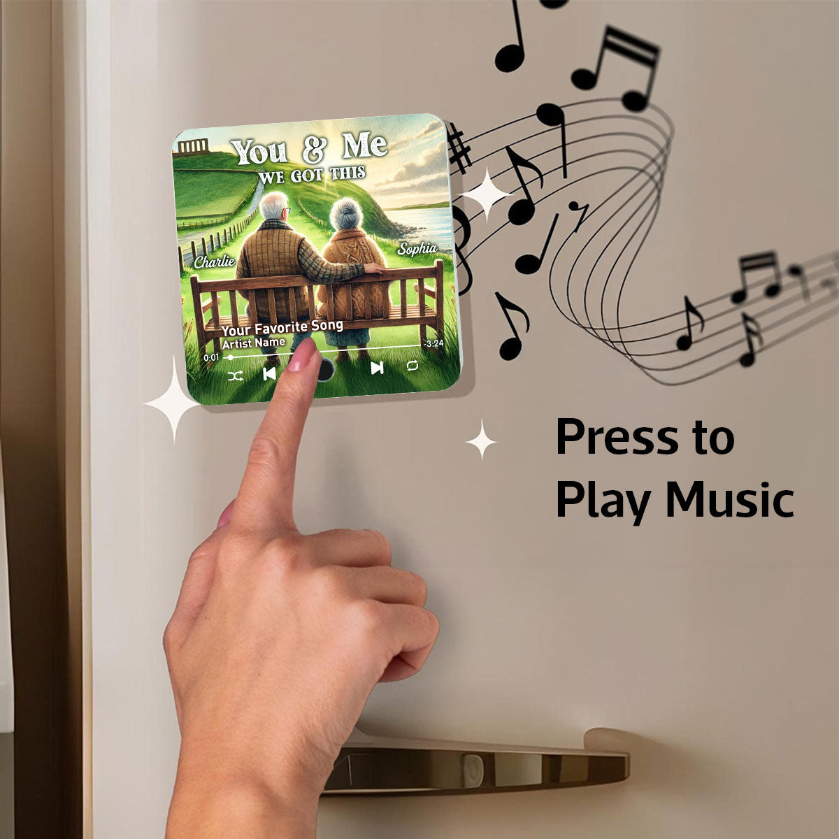 Old Couple Sitting On Grass Hill Favorite Song Personalized Music Fridge Magnet, Valentine's Gift For Her, Gift For Him