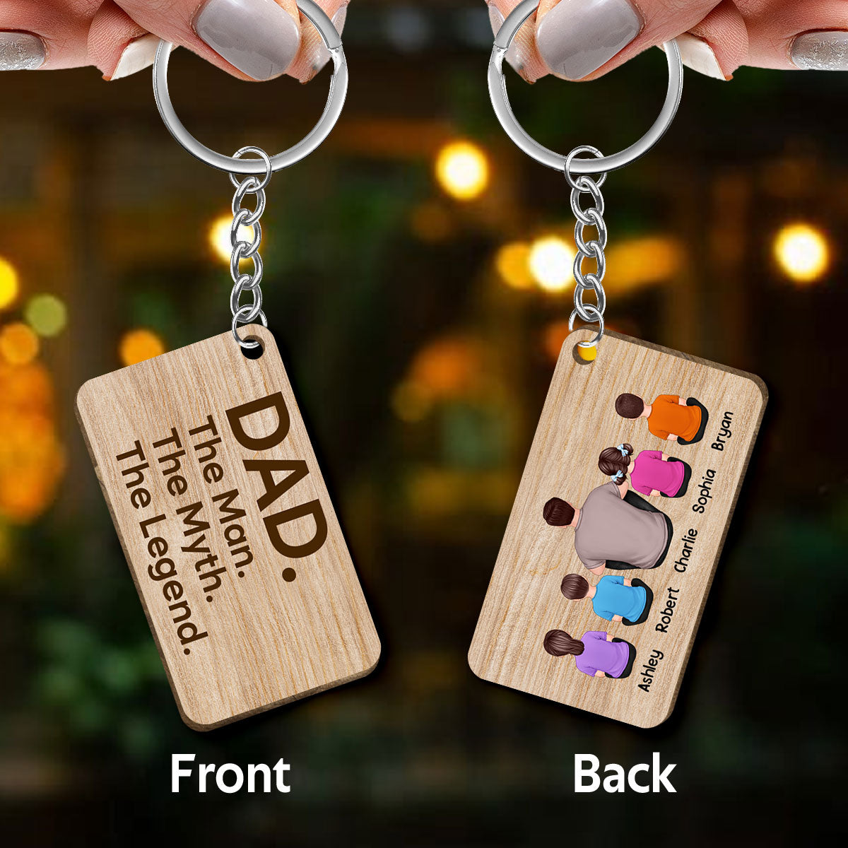 Dad Grandpa The Man The Myth Back View Man Kids Dog Cat Father‘s Day Gift For Dad Personalized Wooden Keychain
