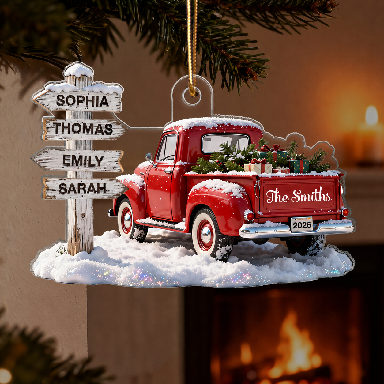 3D Effect Nostalgia Christmas Truck Family Sign Posts Custom Names - Personalized Acrylic Ornament - Gift For Family, Farmhouse Decor