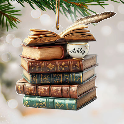 3D Effect Vintage Book Stack Light Bauble - Personalized Acrylic Ornament - Unique Christmas Gift For Book Lovers