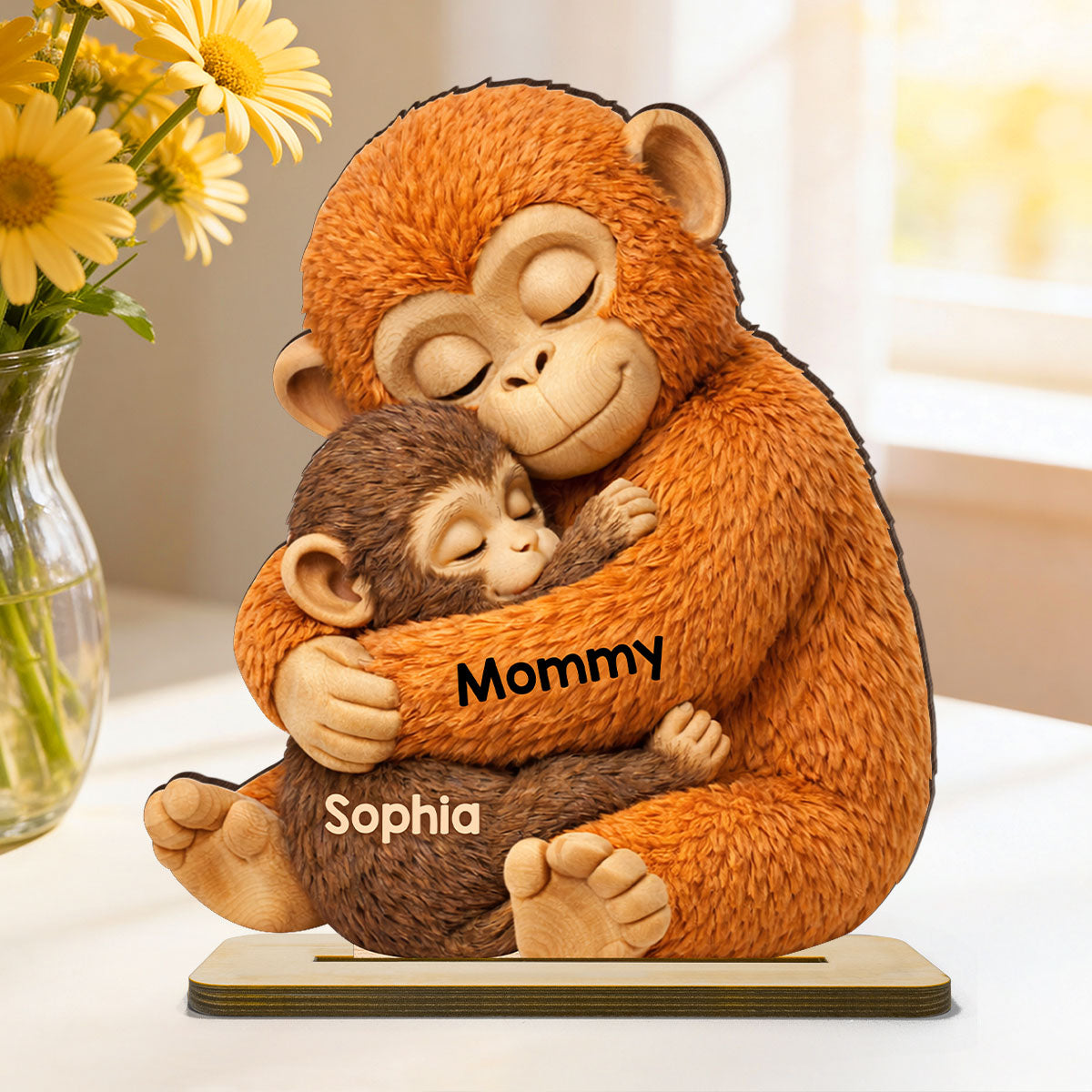 Mother Monkey & Children, Baby Monkey Punch - Personalized 2-Layered Wooden Plaque - Heartfelt Mother's Day Gift for Mom, Wife
