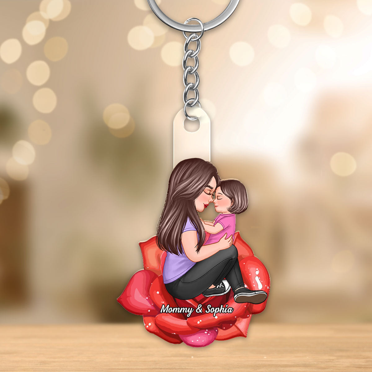 Grandma Mom Kid Sitting On Flower Personalized Acrylic Keychain, Gift For Mom, Gift For Grandma